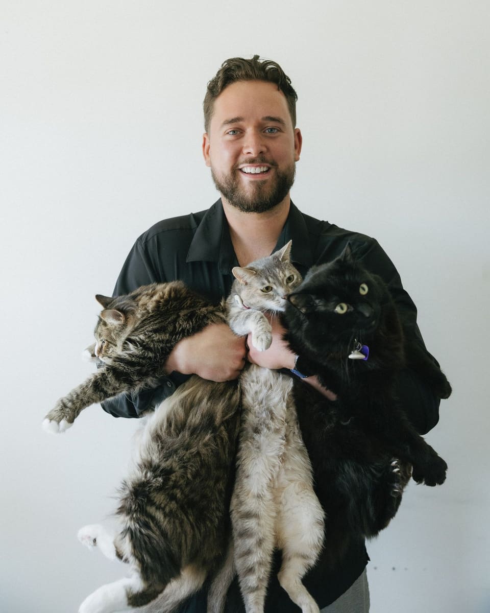 Aston Cook holding all three of his cats at once, none of them entirely on board with it.