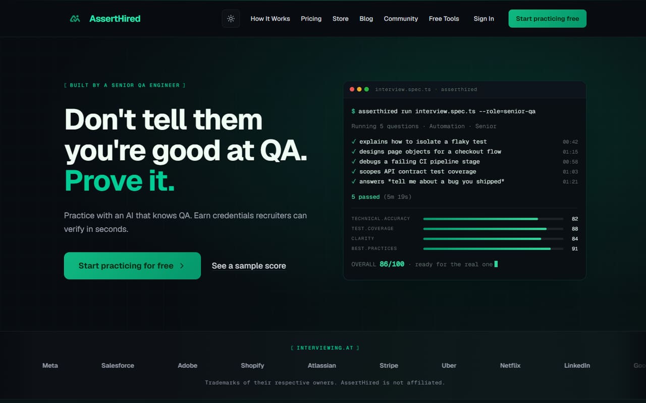 The AssertHired homepage, showing a dark interface with a terminal-style panel scoring a practice interview.