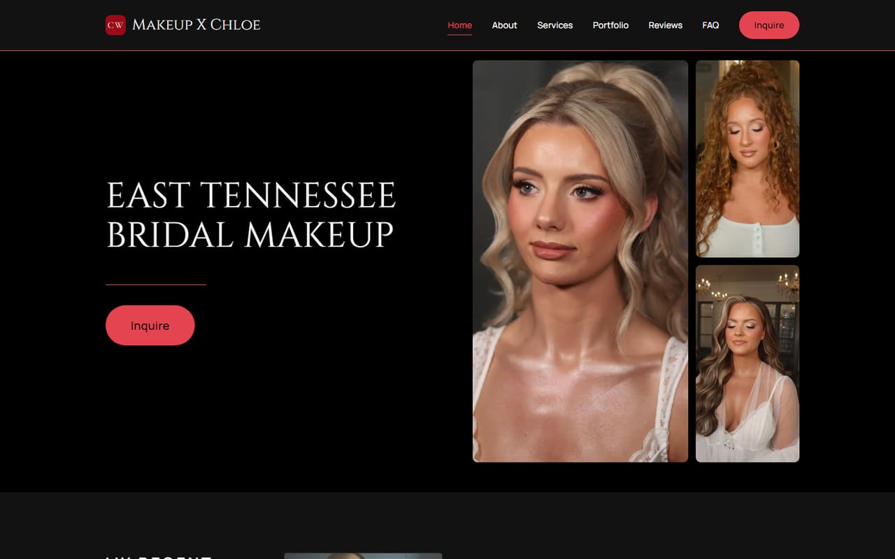 The opening screen of Makeup X Chloe Wilson, an East Tennessee bridal makeup headline in white on black beside a wall of client photographs.