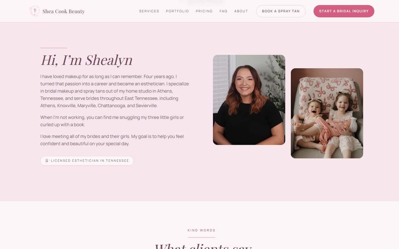 The about page of Shea Cook Beauty, every word of it written as part of the build.