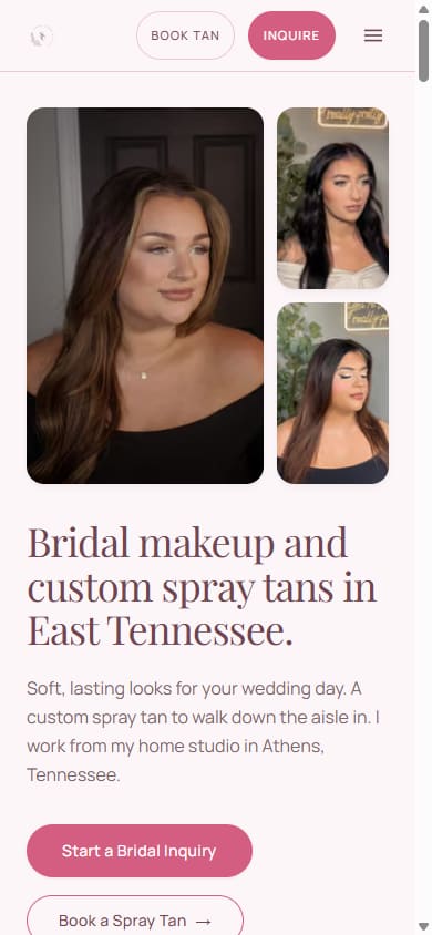 The same homepage on a phone, photos first and the headline below them.