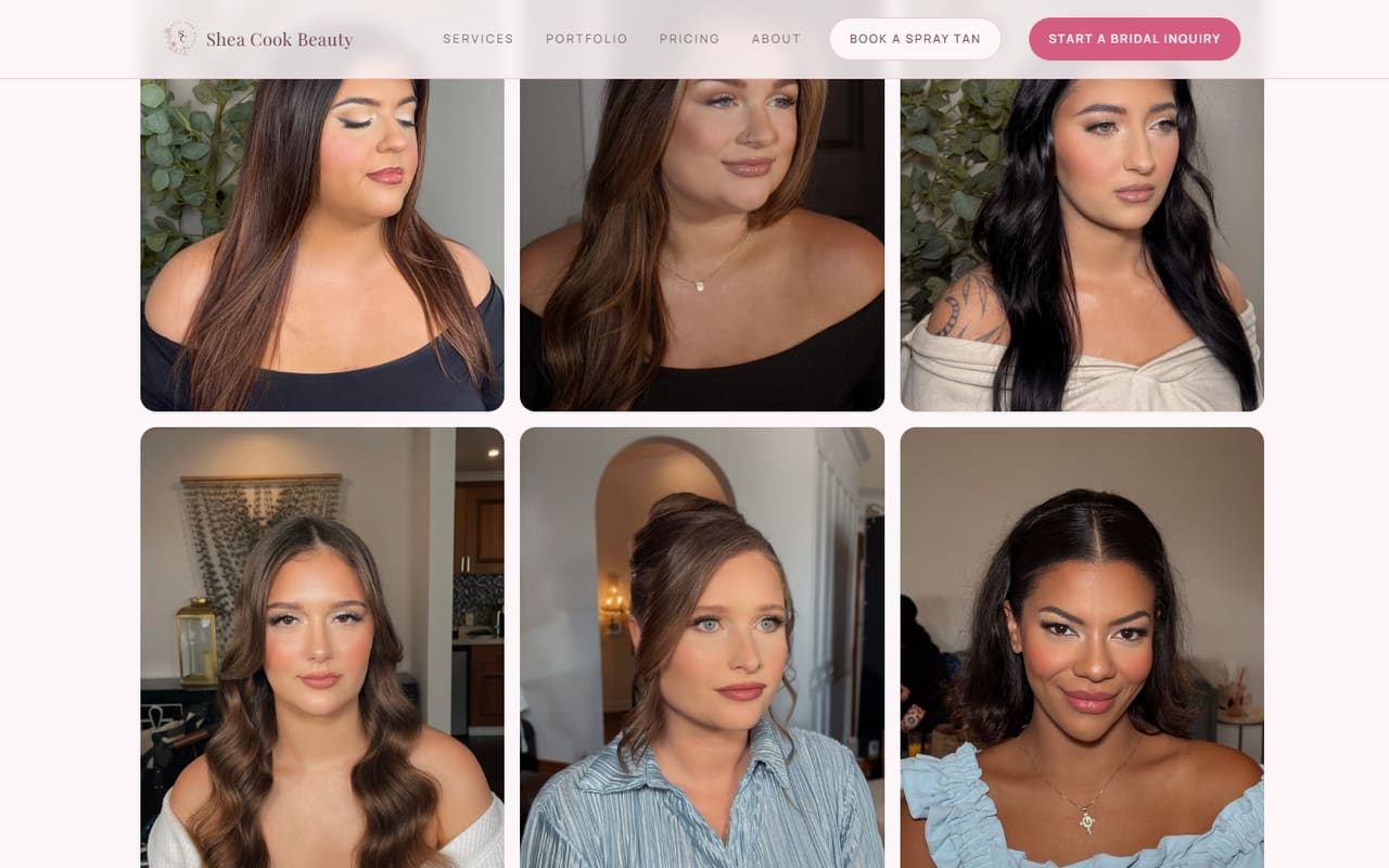 The portfolio page of Shea Cook Beauty, a grid of bridal makeup photographs.