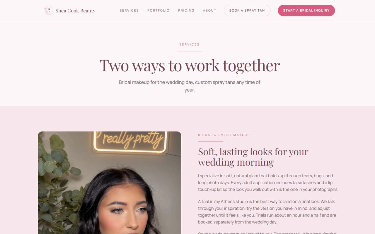 The Shea Cook Beauty services page, every word of it written as part of the build.