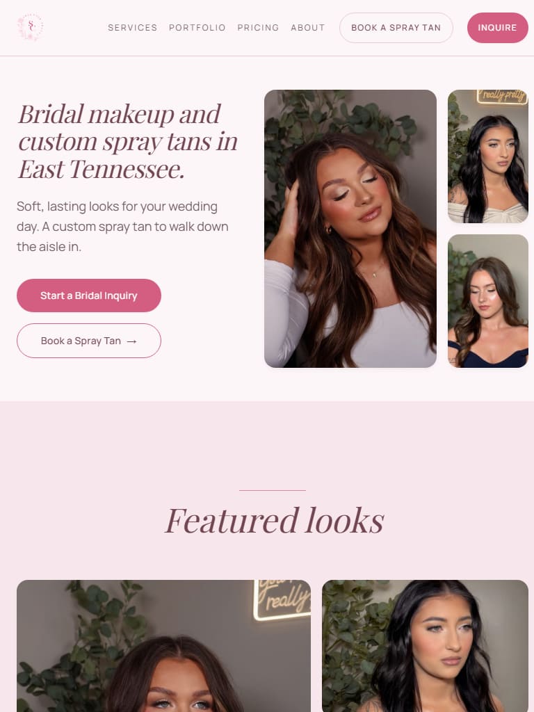 The Shea Cook Beauty homepage, showing a bridal makeup headline beside a grid of client photos.