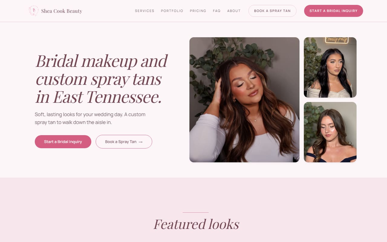 The Shea Cook Beauty homepage, showing a bridal makeup headline beside a grid of client photos.