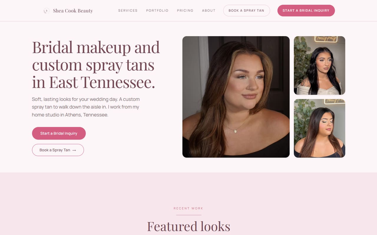 The Shea Cook Beauty homepage, showing a bridal makeup headline beside a grid of client photos.